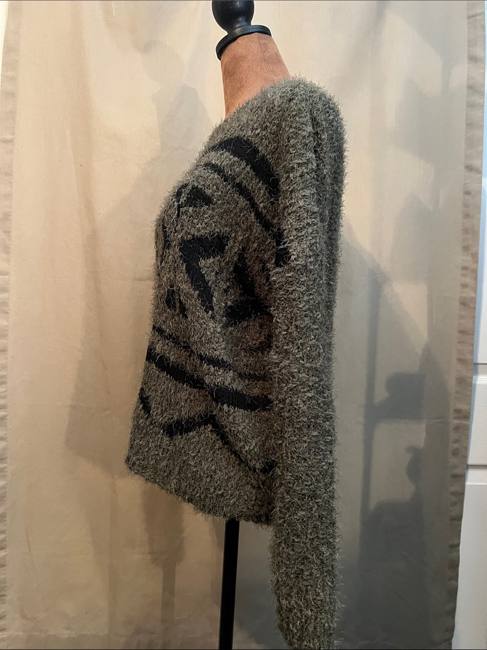 Moral Fiber Olive Gray Fuzzy Knit Crewneck Sweater with Black Pattern - Picture 5 of 9